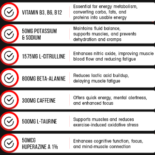 A list of all the ingredients and benefits of the ingredients in a Kodagenix Pre-Workout Gummy