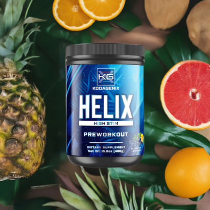 A jar of Helix High Stem Preworkout laying on a counter surrounded by pineapples, oranges, and kiwis