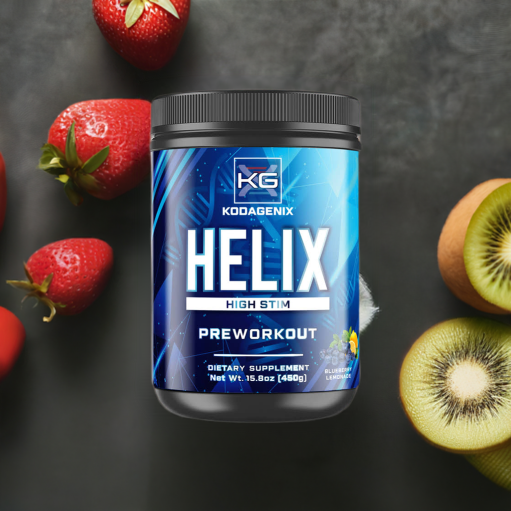 A jar of Helix High Stem Preworkout laying on a grey counter with strawberries and sliced kiwis around it