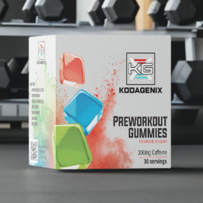 A 30 count box of Kodagenix Pre-workout  Gummies on a gym floor in front of a dumbbell rack