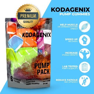 A picture of a 6-pack bag of assorted Kodagenix Pump Gummies with a list of the benefits they provide.