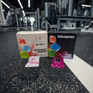 Kodagenix Pre-workout and Pump Gummies on a gym floor